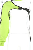 Streetwear Neon Halter Sweatshirt Hoodie Buckle Reflective Smock One Shoulder Women's Sweatshirts Holographic