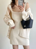 Zingj New Loose Solid Color Sweater Cardigan Package Buttock Vest Skirt Suit In The Long Sweater Two Sets Of Women-Outfit