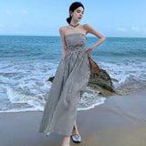 Zingj One-Line Neck, Pleated, High-Waist A-Line Dress, Black And White Striped Strapless Holiday