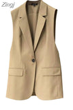 Long Vests Women Sleeveless Simple Back-Slit Designed New Spring Office Ladies Mature Temperament Overcoats Chic