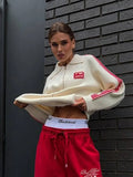 Knitted Cardigan Collar Zipper Retro Sports Rice White Hit Red High Street Burst
