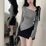 Sales Of 100,000] Gray Wave Point Oblique Shoulder Long-Sleeved T-Shirt Girl 2025 Spring New Folded Sweet Spicy Little