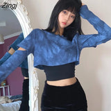 Dye T-shirts Women Blue Removable Sleeve Trendy Korean Style Chic Club Streetwear Popular Female Crop Top Ins Sexy Slim