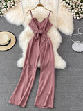 Sexy Women Romper Female Red/Orange/Black Sleeveless High Waist V-Neck Wide Leg Playsuit With Sashes New Fashion