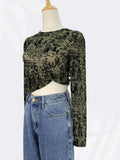 Zingj Sexy Plant Print Mesh Bottom Shirt Women's Thin Hollow See-Through Elastic Slim Short Long-Sleeve