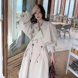 Spring Autumn Women Long Trench Coat Double Breasted Belted Dress Loose Coat Office Lady Outerwear