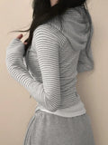 Fresh Sweet Spicy Wind Striped Hooded Collar Jacket With Thin Short Cardigan Long-Sleeved Top Autumn Dress