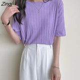 Women T-shirts Summer Knitted Slim Sweet All-match Candy Colors Fashion Korean Style Folds Simple Solid Comfort Leisure