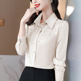 Spring 2025 New Shirt High-End Satin Stitching Lace Long-Sleeved