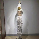 Gorgeous Feather Water Drill Nails Beads Sexy Perspective High Open Fork T-Breast Dress Birthday Party Party