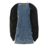 New Round-Neck Denim Collevetic Collider Pintap Crash Color Removable Heap Sleeve Dress