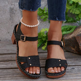 Retro Casual Roman Style Round Head Sandals Women New Hollow Pattern High Heel Buckle With Large Size