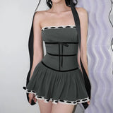 Off Shoulder Ribbon Trim Lace Up Slim Mini DressOutfit