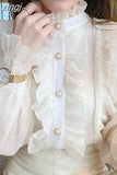 Ruffle Lace Chiffon Shirt Spring Sweet Chic Long Puff Sleeve Women Blouse Apricot Tops Stand Collar Clothes Blusas