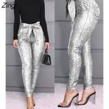 New Year Women Pants Glitter Sequins Bowknot Tied Belted Skinny High Waist Pants Casual Trousers Fashion Elegant Long