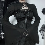 Dark Goth Bow Tie Lace Blouse Spring Fashion Trumpet Sleeve Casual