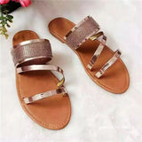 Large-Size Water Drill Flat-Bottomed Toe Slippers Women Wear Metal Texture Beach Cool Slippers