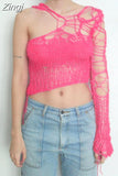 Women Autumn New 2023 Pink Sweet Wool Knitting Hollow Asymmetrical Single Shoulder Sleeve Holes Decoration Sexy