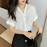 Summer Women Shirts Pullover Chiffon Short-Sleeved Women Tops Solid Color Mesh V-neck Women Clothing camisas mujer