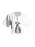 Summer New Set Diamond Sequin Bow Design Sense Short-Sleeved T-Shirt Women's Niche Design Sense Short