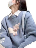 Goat Round-Neck Blue Sweater Women's Autumn And Winter New Three-Dimensional Bow Short Soft Glutinous Knitted Shirt