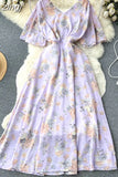 Women Floral Dress Vintage Red/Blue/Pink/White Sexy V-Neck Short Flare Sleeve High Waist Elegant A-Line Vestidos 2023