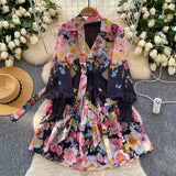 Famous Elegant Dress Woman 2025 Spring High-End Deep V Tie Ribbon Belt To Print Lotus Leaf Side