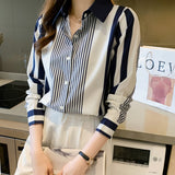 Women's Shirt Blue Striped Blouses for Women Long Sleeve Top Women Button Up Polo Neck Clothes Female 2023 Fashion Leisure