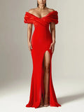Sexy One-Word Shoulder Dress Woman 2025 Spring New Fashion Open Fork And Body