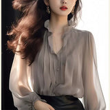 Autumn Alone Special To The Lotus Leaf Collar Beautiful Little Shirt Female Mogo Fish Creation French Lantern Sleeve Pure Color Chiffon