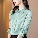 Women's Silk Shirt Blouses for Women Fashion Printed Button Up Clothes Women Polo Neck Long Sleeve Top Woman Basic