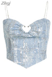 Women's Summer Chain Strap Crop Top Sexy Y2k Casual Chic Vintage Off Shoulder Hollow Out Sequins Blue Tank Top Vest Korean
