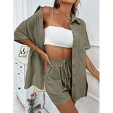 Shirts Suit Wide-leg Shorts Two Piece Set 2023 Short Sleeve Cotton Casual Long Blouse Women Pockets Loose Outfits