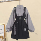 Zingj Women Gothic Punk Lolita Dress Casual High Waist Long Sleeve Girl Fake Two Piece Contrast Patchwork Dresses+Belt Outfit 1215-1-Outfit