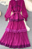 Autumn Women Lace Long Dress Vintage Round Neck Lantern Sleeve High Waist Cascading Ruffle Pleated Party Maxi