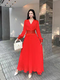 Niche Dress Women's Autumn Dress French Heavy-Bred Celyt Splicing V-Neck Lantern Sleeves To Close The Waist Su Hundred Folded