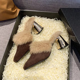Autumn And Winter Hairy Coarse Slippers Bao Head Female Version Of Temperament Pedaled High-Heeled Shoes 43 Large