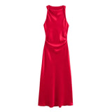 2025 New Fashion Round Collar Sleeveless Black Silk Satin Texture Dress Women