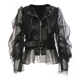New Domineering Splicing Mesh Perspective Leather Locomotive Jacket Jacket Women