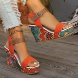 New Leisure Slope And Embroidery High Heel Sandals Women Buckle With Toe Thick-Soled Women's