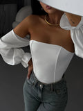 Sexy Hottie Body Fish Bone Bra Splicing Bubble Sleeve Niche Design Long-Sleeved