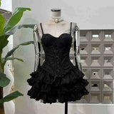 Age-Retro-Erecent Sweet Summer 2025 Fashion Lace Court Wind Fish Bone Chest + Folded Cake Half-Skirt Women
