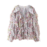 Women's V-Neck Folding Trim Shirt Long-Sleeved Top Loose
