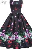 Summer Vintage Dress Women Spaghetti Strap Floral Print High Waist Elegant Sleeveless A-Line Party Midi Dress Robe