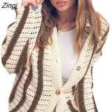 Women Knitted Cardigan with Striped Pattern Button Decoration Loose Version Street Style Spring Autumn Sweater