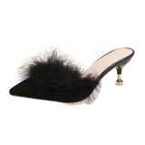 Large-Size Hairy High Heel Shoes Female Tip Fine Heel Bun Head Half Drag Sexy Fashion Wear Cold