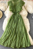 Purple/Green/Red Lace Midi Dress Women Sweet Round Neck Ruffle Vestidos Female High Waist Slim Robe Spring Autumn