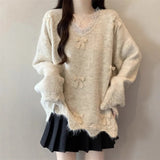 Three-Dimensional Bow V-Neck Shoulder Knitted Sweater Woman 2025 Autumn Big-Size Fat Mm Super Nice Look And Beautiful