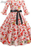 Print Vintage Dress Christmas Dress Women Winter Elegant Party Dresses Petal Sleeve Casual Midi