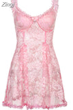 Y2K Sweet Frills Bow Pink Lace Dress Female See Through Korean Harajuku Ruffles Summer Sexy Dresses Strap A-Line